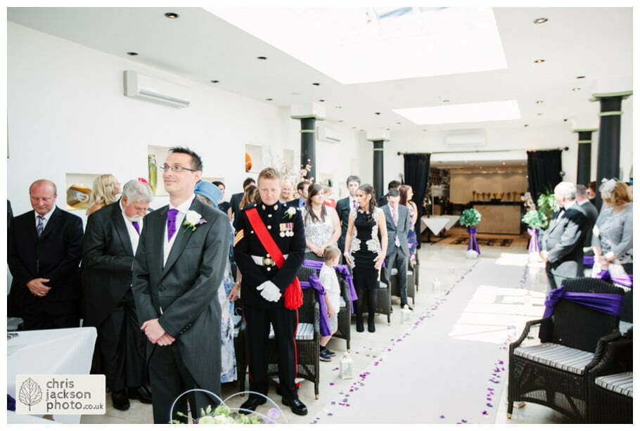 gibbon bridge hotel orangery wedding ceremony groom stood at altar waiting at front wedding photographer gibbon bridge hotel Chris and Hazel Wedding Photography Cheryl Menzies & Simon Hopley Cheryl hopley