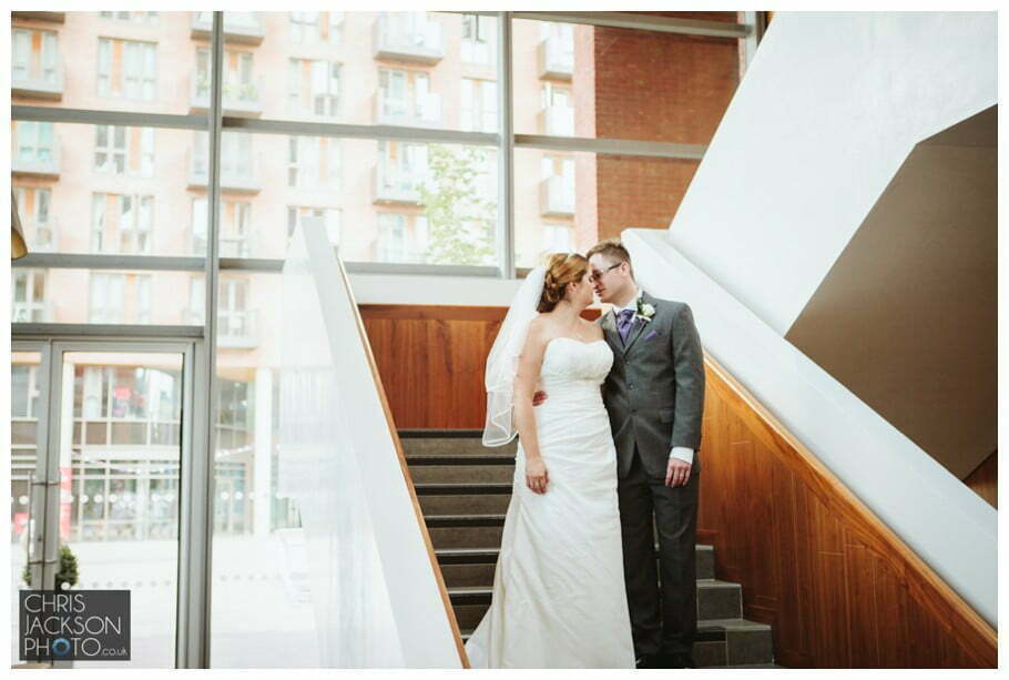 Doubletree by Hilton Wedding Photographer Leeds City Centre Wedding by Chris & Hazel Wedding photography - Tina & Sam 089 bride and groom portrait leeds doubletree by hilton leeds city centre wedding on stairs chris & hazel wedding photography