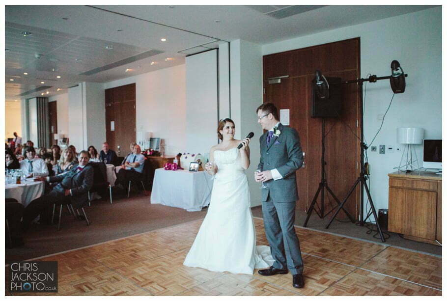 Doubletree by Hilton Wedding Photographer Leeds City Centre Wedding by Chris & Hazel Wedding photography - Tina & Sam 137 bride and groom joint wedding speech thanking guests leeds doubletree by hilton