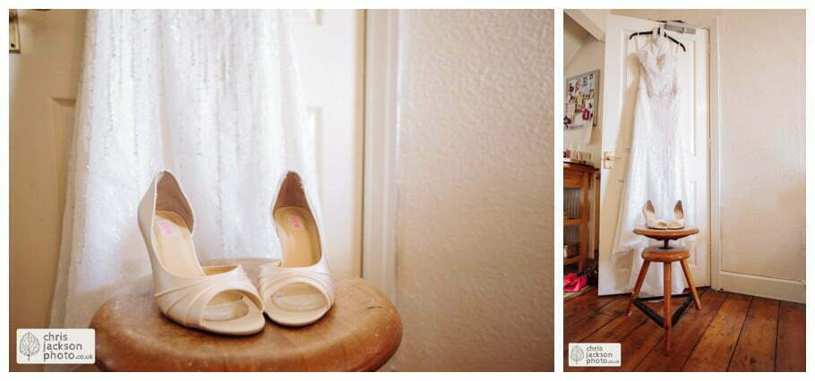 York Castle Museum Wedding Photographer York - Chris & Hazel Wedding Photography - Rory Dalgliesh & Rebecca Weinkauf 008 wedding dress hanging shot photograph shoes documentary bride preparations bridal york wedding photographer chris and hazel wedding photography