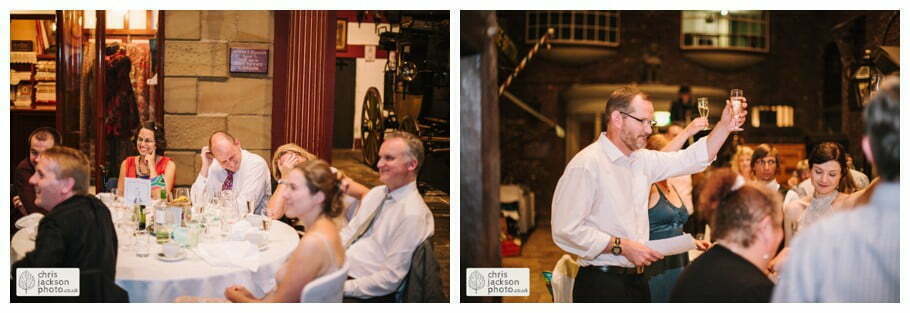 York Castle Museum Wedding Photographer York - Chris & Hazel Wedding Photography - Rory Dalgliesh & Rebecca Weinkauf 128 groom speech bride reaction wedding breakfast old victorian street set wedding venue york castle museum wedding photography wedding photographer York chris & hazel wedding photography