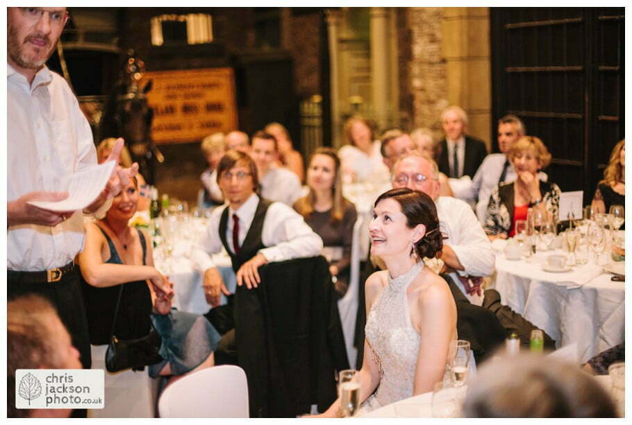 York Castle Museum Wedding Photographer York - Chris & Hazel Wedding Photography - Rory Dalgliesh & Rebecca Weinkauf 131 groom speech bride smiling wedding breakfast old victorian street set wedding venue york castle museum wedding photography wedding photographer York chris & hazel wedding photography