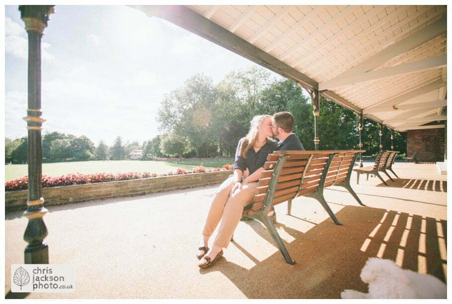 manchester Engagement Session Stamford Park pavilion bowling green bench ashton under lyne pre wedding photography couple chris and hazel wedding photography