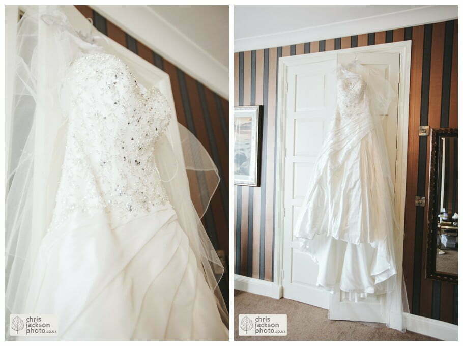 Wedding dress hanging up hung up detail Eaves Hall Wedding Photographer Lancashire Clitheroe Wedding Photography by Chris & Hazel Wedding Photography - Steph Blight Steph Duxbury & Iain Duxbury