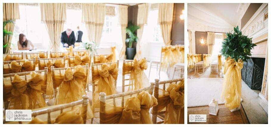 rustic vintage wedding chairs yellow gold cream chair cover wedding ceremony ballroom Eaves Hall Wedding Photographer Lancashire Clitheroe Wedding Photography by Chris & Hazel Wedding Photography - Steph Blight Steph Duxbury & Iain Duxbury