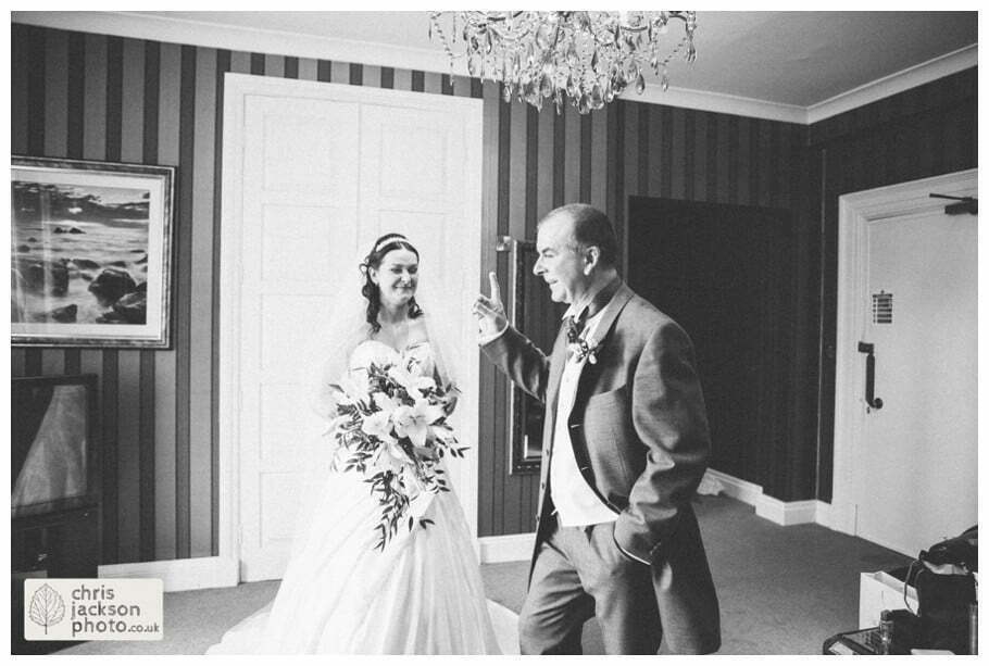 father of bride crying cry seeing bride first look bride in wedding dress documentary reportage Eaves Hall Wedding Photographer Lancashire Clitheroe Wedding Photography by Chris & Hazel Wedding Photography - Steph Blight Steph Duxbury & Iain Duxbury