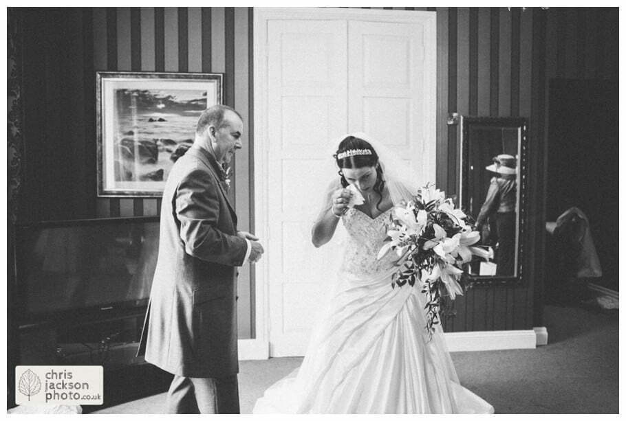 father of bride crying cry seeing bride first look bride in wedding dress documentary reportage Eaves Hall Wedding Photographer Lancashire Clitheroe Wedding Photography by Chris & Hazel Wedding Photography - Steph Blight Steph Duxbury & Iain Duxbury