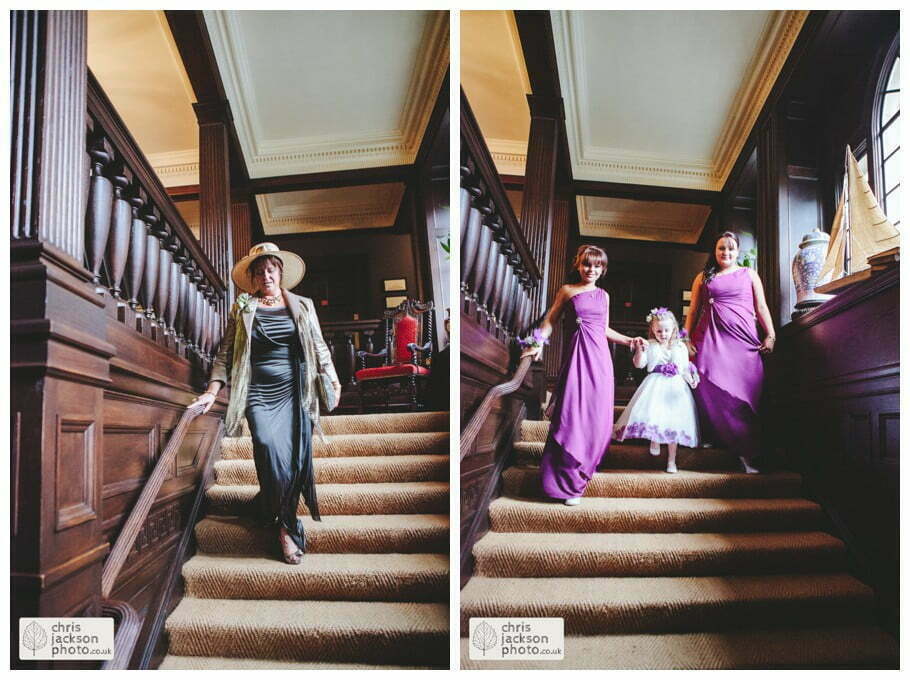 mother of bride bridesmaids flower girl walking down stairs wedding documentary reportage Eaves Hall Wedding Photographer Lancashire Clitheroe Wedding Photography by Chris & Hazel Wedding Photography - Steph Blight Steph Duxbury & Iain Duxbury