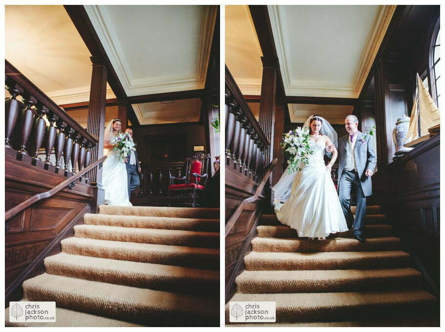 father of bride and bride walking down stairs wedding documentary reportage Eaves Hall Wedding Photographer Lancashire Clitheroe Wedding Photography by Chris & Hazel Wedding Photography - Steph Blight Steph Duxbury & Iain Duxbury