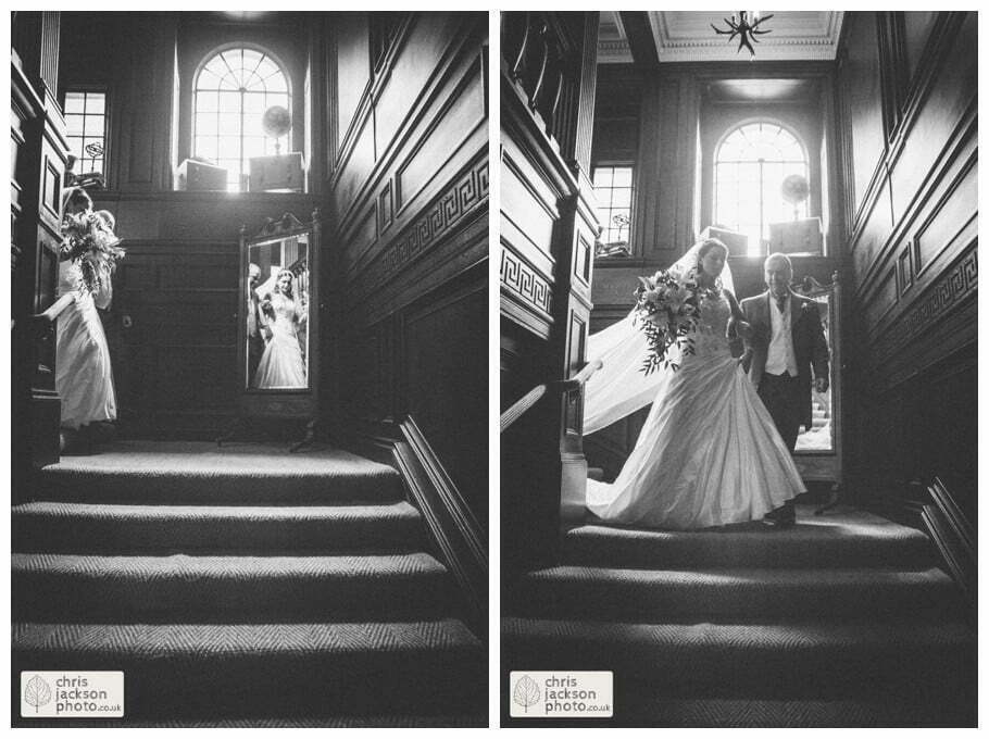 father of the bride and bride walking down stairs wedding documentary reportage Eaves Hall Wedding Photographer Lancashire Clitheroe Wedding Photography by Chris & Hazel Wedding Photography - Steph Blight Steph Duxbury & Iain Duxbury