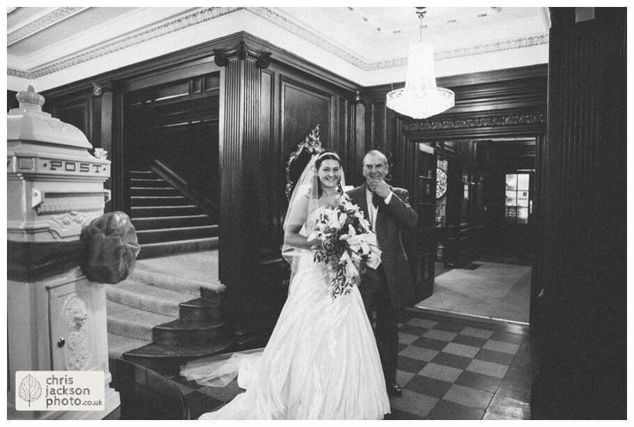 father of bride and bride in reception waiting to go into ceremony wedding documentary reportage Eaves Hall Wedding Photographer Lancashire Clitheroe Wedding Photography by Chris & Hazel Wedding Photography - Steph Blight Steph Duxbury & Iain Duxbury