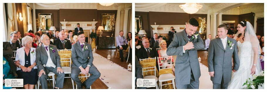 wedding guests bride and groom wedding ceremony wedding ceremony room ballroom documentary reportage Eaves Hall Wedding Photographer Lancashire Clitheroe Wedding Photography by Chris & Hazel Wedding Photography - Steph Blight Steph Duxbury & Iain Duxbury