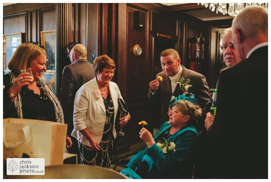 wedding reception guests mingling drinks reception canapes documentary reportage Eaves Hall Wedding Photographer Lancashire Clitheroe Wedding Photography by Chris & Hazel Wedding Photography - Steph Blight Steph Duxbury & Iain Duxbury