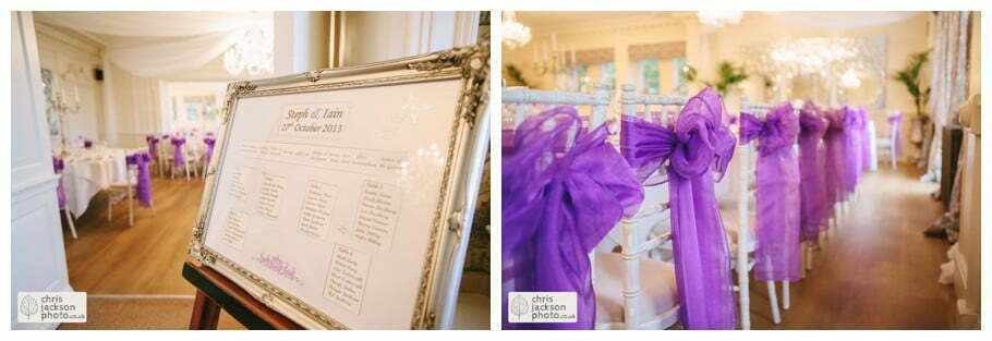 table plan chair covers purple wedding breakfast room wedding reception documentary reportage Eaves Hall Wedding Photographer Lancashire Clitheroe Wedding Photography by Chris & Hazel Wedding Photography - Steph Blight Steph Duxbury & Iain Duxbury
