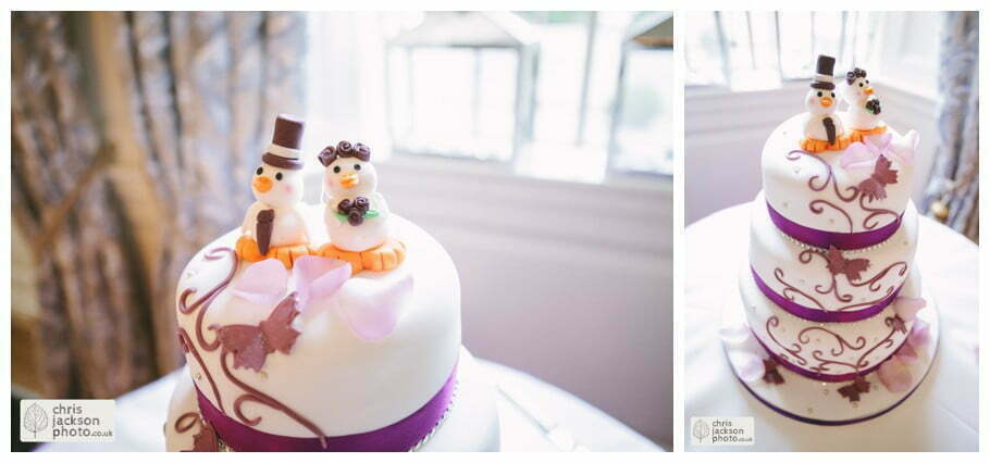 wedding cake ducks purple wedding breakfast room wedding reception documentary reportage Eaves Hall Wedding Photographer Lancashire Clitheroe Wedding Photography by Chris & Hazel Wedding Photography - Steph Blight Steph Duxbury & Iain Duxbury