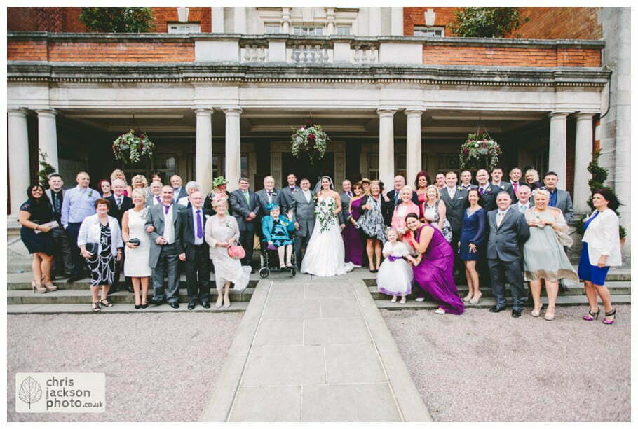 whole wedding party all guests group shot formal wedding photograph outside Eaves Hall Wedding Photographer Lancashire Clitheroe Wedding Photography by Chris & Hazel Wedding Photography - Steph Blight Steph Duxbury & Iain Duxbury