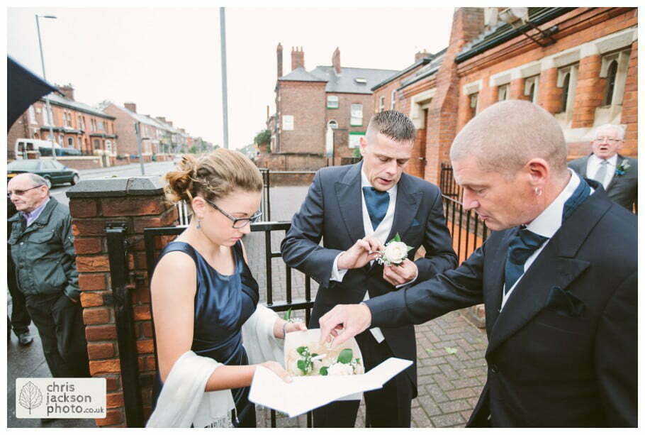 Manchester Wedding Photographer St Anne's Church Wedding Photographer Dukinfield Town Hall Wedding Photography by Chris & Hazel Katrina & John 015 ushers button holes outside church St Annes church St. Anne's church openshaw wedding photographer by Manchester Wedding Photographer Chris & Hazel