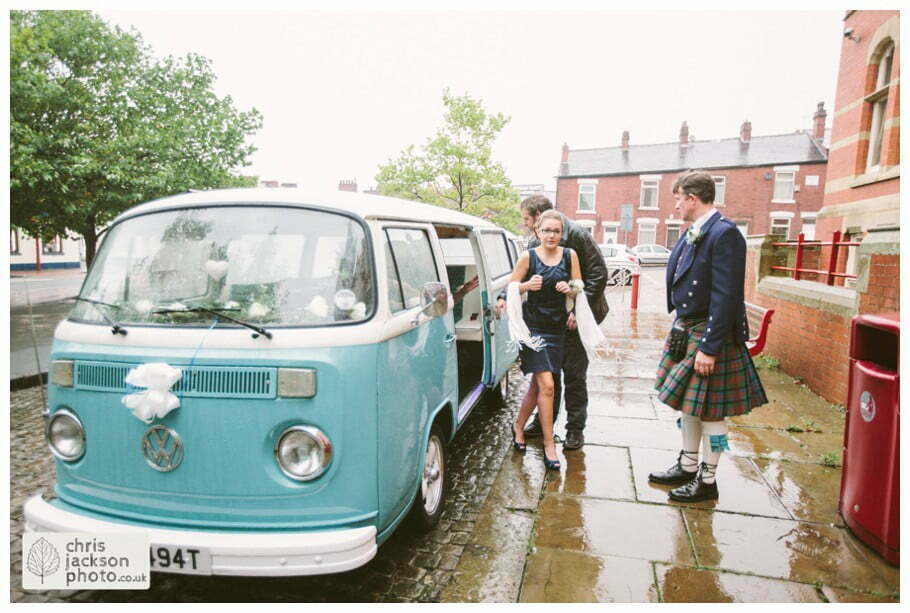 Manchester Wedding Photographer St Anne's Church Wedding Photographer Dukinfield Town Hall Wedding Photography by Chris & Hazel Katrina & John 057 bridesmaids VW Camper van outside at Dukinfield Town Hall wedding photographer by Manchester Wedding Photographer Chris & Hazel