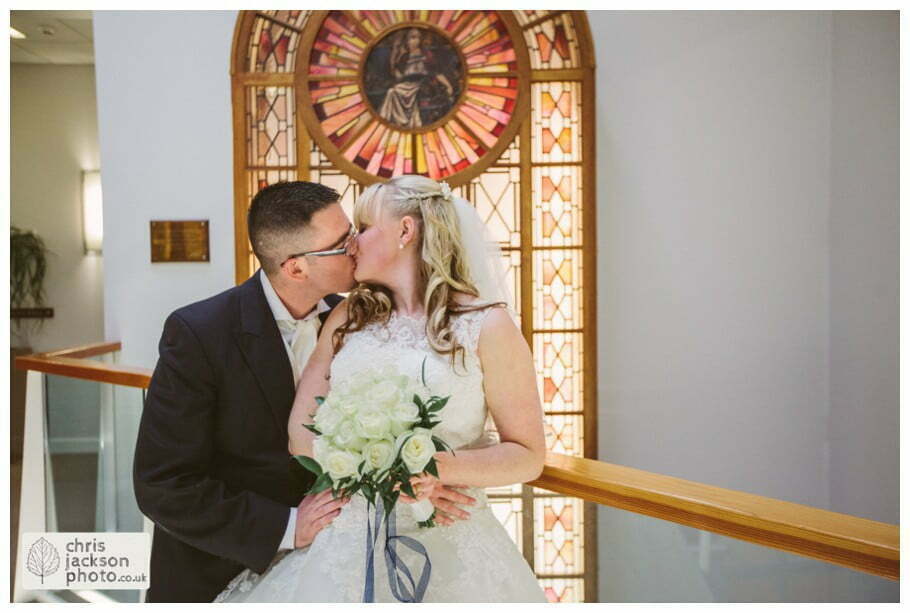 Manchester Wedding Photographer St Anne's Church Wedding Photographer Dukinfield Town Hall Wedding Photography by Chris & Hazel Katrina & John 073 stained glass window portraits bride and groom inside Dukinfield Town Hall wedding photographer by Manchester Wedding Photographer Chris & Hazel