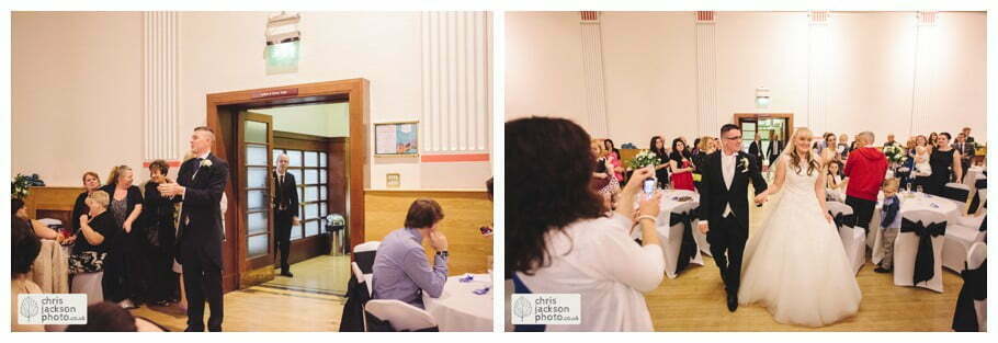 Manchester Wedding Photographer St Anne's Church Wedding Photographer Dukinfield Town Hall Wedding Photography by Chris & Hazel Katrina & John 092 bride and groom entering announced into room Dukinfield Town Hall wedding photographer by Manchester Wedding Photographer Chris & Hazel