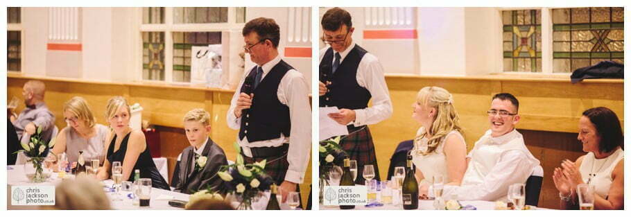 Manchester Wedding Photographer St Anne's Church Wedding Photographer Dukinfield Town Hall Wedding Photography by Chris & Hazel Katrina & John 096 father of bride speech documentary reaction shot Dukinfield Town Hall wedding photographer by Manchester Wedding Photographer Chris & Hazel