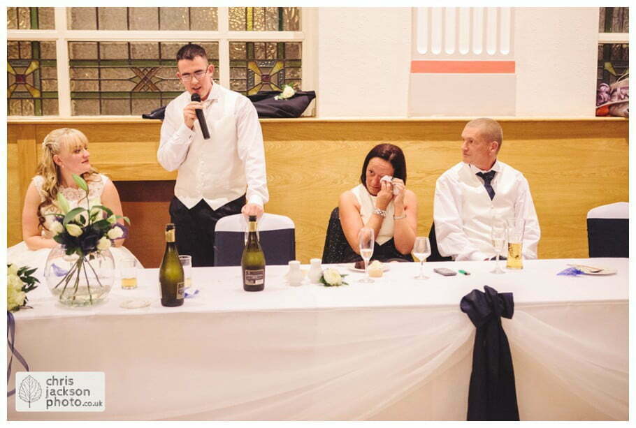 Manchester Wedding Photographer St Anne's Church Wedding Photographer Dukinfield Town Hall Wedding Photography by Chris & Hazel Katrina & John 115 groom speech documentary reaction shot Dukinfield Town Hall wedding photographer by Manchester Wedding Photographer Chris & Hazel
