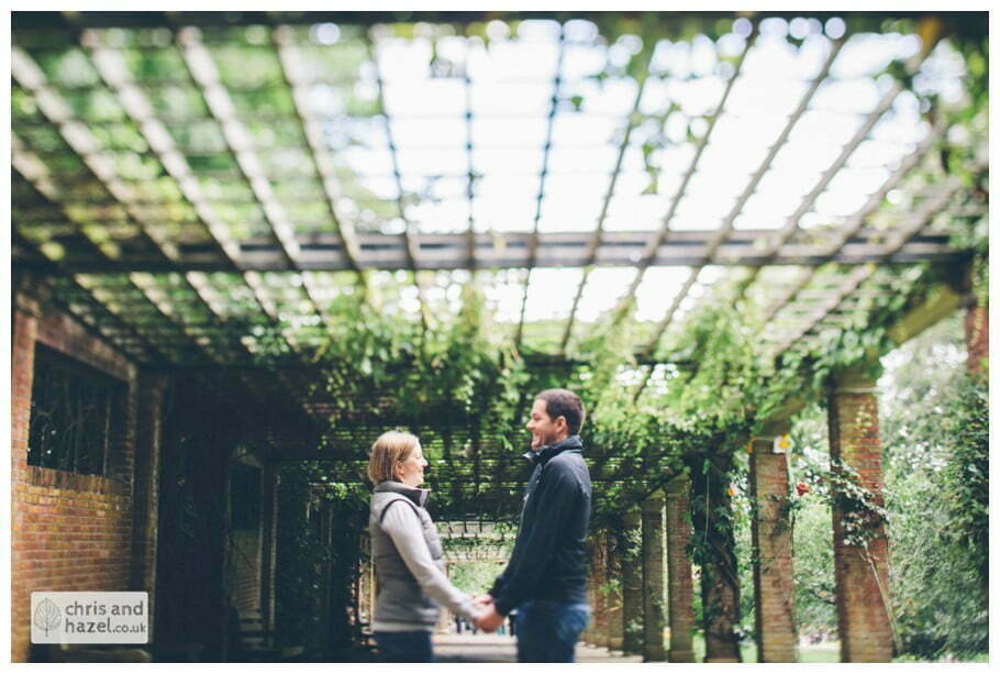 Harrogate valley gardens Sun Colonnade trellis engagement photography wedding photographer yorkshire wedding photographer chris and hazel