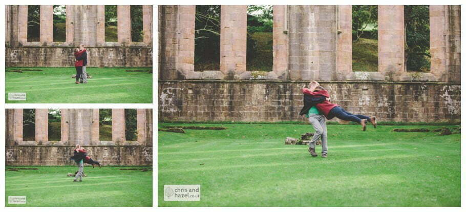 Rippon engagement photography wedding photographer Fountains Abbey yorkshire wedding photographer chris and hazel ruins couple spinning swinging