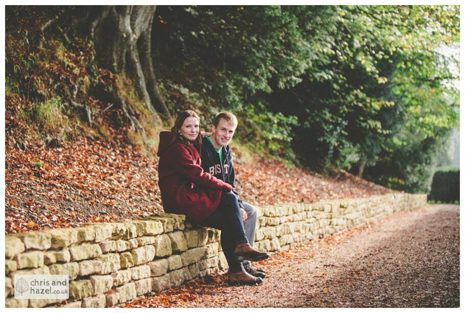 Rippon engagement photography wedding photographer Fountains Abbey yorkshire wedding photographer chris and hazel ruins couple autumn orange leaves