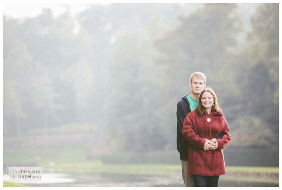 Rippon engagement photography wedding photographer Fountains Abbey yorkshire wedding photographer chris and hazel ruins couple by lakeside
