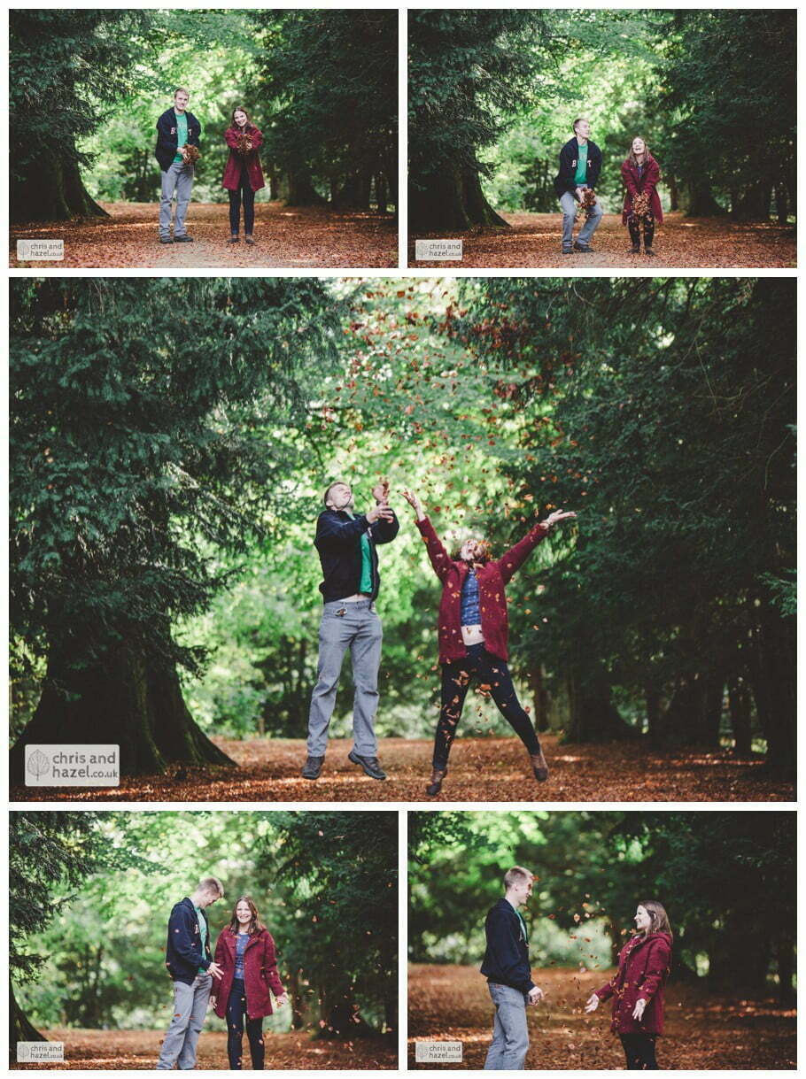 Rippon engagement photography wedding photographer Fountains Abbey yorkshire wedding photographer chris and hazel ruins couple throwing leaves autumn orange