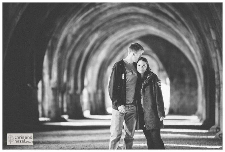 Rippon engagement photography wedding photographer Fountains Abbey yorkshire wedding photographer chris and hazel ruins couple inside fountains abbey ruins ceiling cave