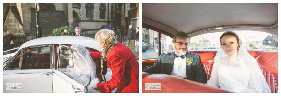 father of bride and bride in bridal car york city centre heslington church merchant adventurers hall documentary wedding photography ben frankie wedding photographer heslington church wedding york wedding photography wedding winter chris and hazel wedding photography york