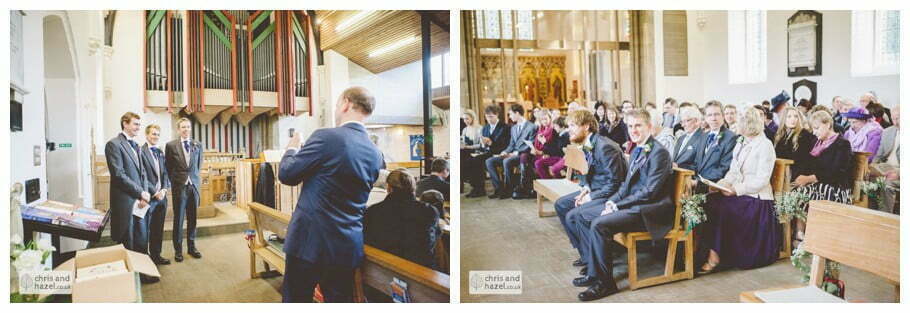 groom and ushers with guests inside heslington church documentary wedding photography ben frankie wedding photographer heslington church wedding york wedding photography wedding winter chris and hazel wedding photography york