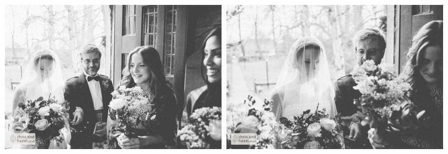 bride with father and bridesmaids outside church heslington church documentary wedding photography ben frankie wedding photographer heslington church wedding york wedding photography wedding winter chris and hazel wedding photography york
