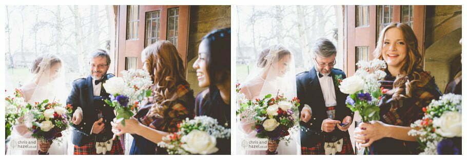 bride with father and bridesmaids outside church heslington church documentary wedding photography ben frankie wedding photographer heslington church wedding york wedding photography wedding winter chris and hazel wedding photography york
