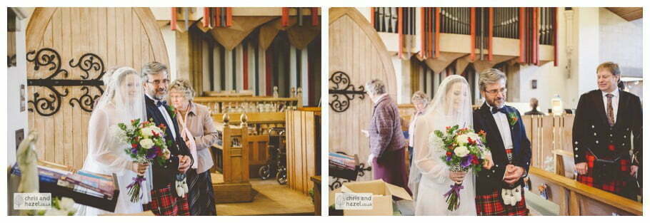 father of bride and bridesmaids enter church heslington church documentary wedding photography ben frankie wedding photographer heslington church wedding york wedding photography wedding winter chris and hazel wedding photography york