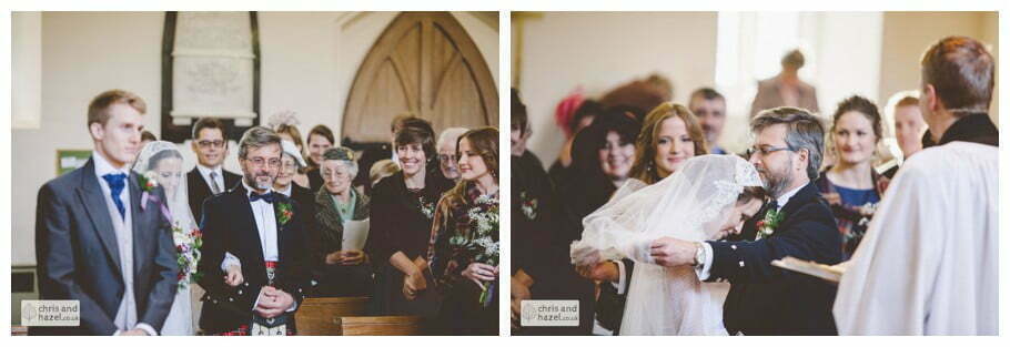 father of bride walking down aisle groom ben frankie wedding photographer heslington church york wedding photography bride and groom christmas wedding winter chris and hazel wedding photography york
