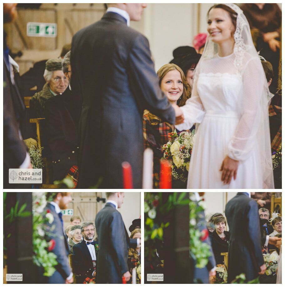 bride and groom at alter heslington church documentary wedding photography ben frankie wedding photographer heslington church wedding york wedding photography wedding winter chris and hazel wedding photography york