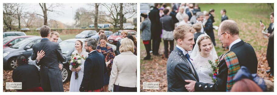 bride and groom guests outside heslington church ben frankie bride groom wedding photographer heslington church wedding york wedding photography bride wedding winter chris and hazel wedding photography york