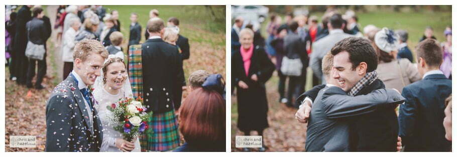 bride and groom guests outside heslington church ben frankie bride groom wedding photographer heslington church wedding york wedding photography bride wedding winter chris and hazel wedding photography york