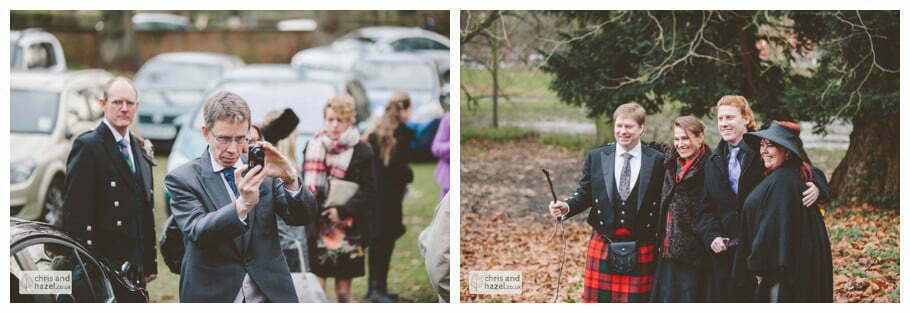 bride and groom guests outside heslington church ben frankie bride groom wedding photographer heslington church wedding york wedding photography bride wedding winter chris and hazel wedding photography york