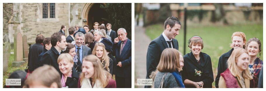bride and groom guests outside heslington church ben frankie bride groom wedding photographer heslington church wedding york wedding photography bride wedding winter chris and hazel wedding photography york