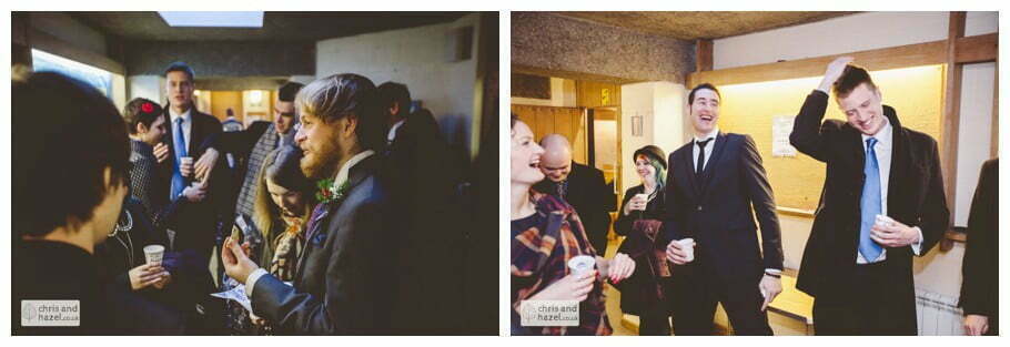 guests mingling in church ben frankie bride groom wedding photographer heslington church wedding york wedding photography bride wedding winter chris and hazel wedding photography york