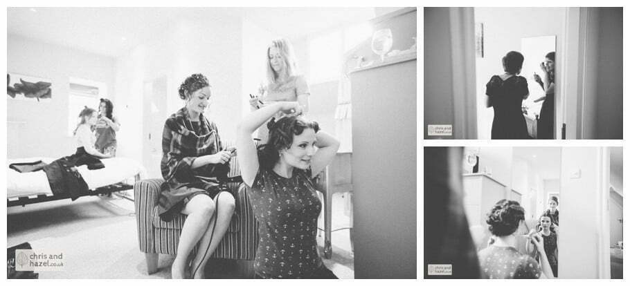 bride with bridesmaids getting ready preparations the apartment at purey cust house precentors court york city centre documentary wedding photography ben frankie wedding photographer york wedding photography wedding winter chris and hazel wedding photography york