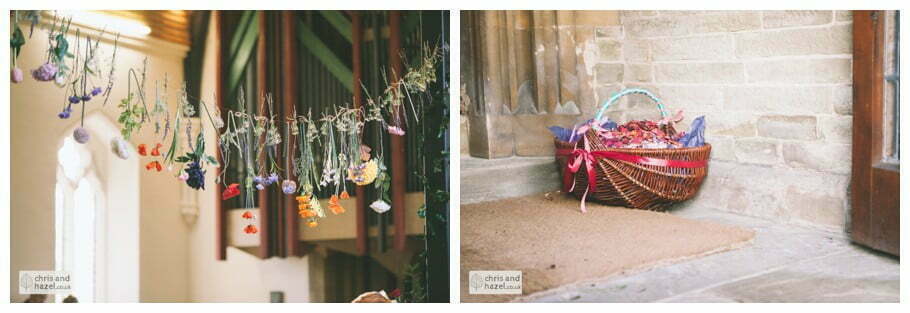 flowers hanging over altar confetti basket heslington church documentary wedding photography ben frankie wedding photographer heslington church wedding york wedding photography wedding winter chris and hazel wedding photography york