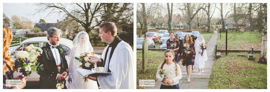 bride with father and bridesmaids outside church heslington church documentary wedding photography ben frankie wedding photographer heslington church wedding york wedding photography wedding winter chris and hazel wedding photography york