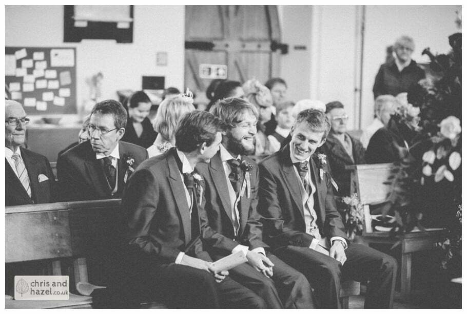 groom with ushers best man inside church heslington church documentary wedding photography ben frankie wedding photographer heslington church wedding york wedding photography wedding winter chris and hazel wedding photography york
