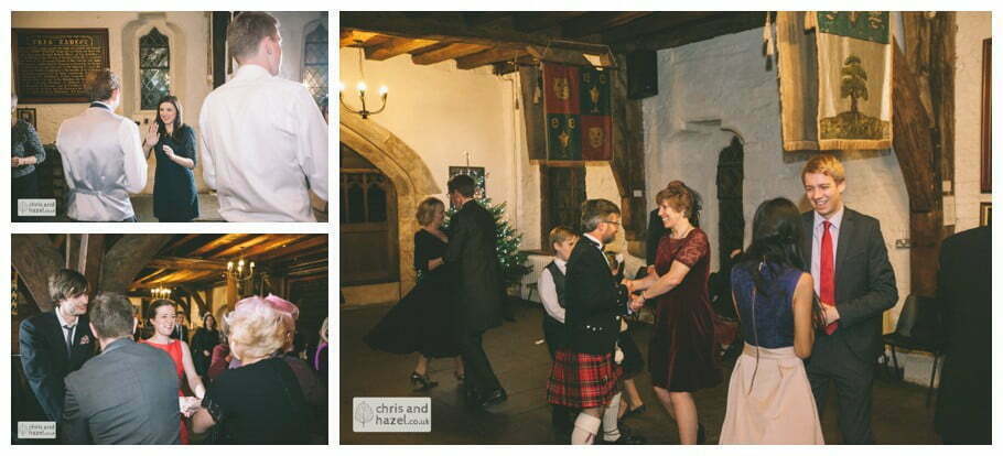 ceilidh band first dance guests dancing ben frankie wedding photographer merchant adventurers hall york wedding photography bride and groom christmas wedding winter chris and hazel wedding photography york