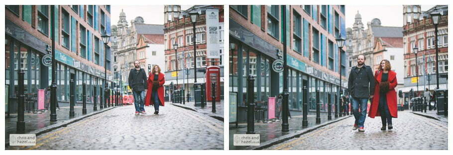 urban rain city corn exchange cobbled street cloth hall leeds pre wedding photography engagement session photographer leeds lee osbourne lois dyer